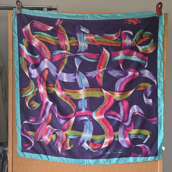 Accessories - Alvilda Galan Pure Silk Scarf  Abstract Ribbon Art Print  Multicolor 34” Square